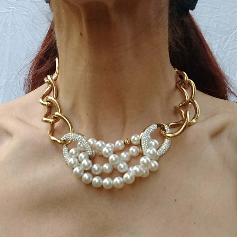 Swarovski Chunky Gold Chain w/Pearls Necklace - Picture 1 of 7